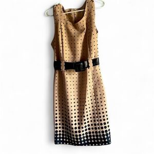 Elegant Tan Polka Dot Midi Dress with Black Belt